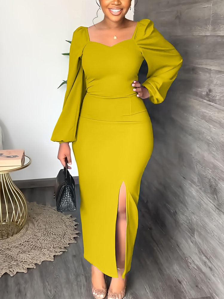 Elegant maxi dress with puff sleeves and square neckline in crepe fabric - View 8 | Lwiis