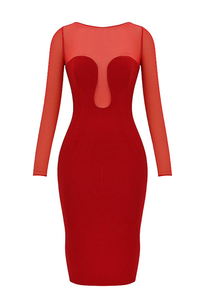 Mesh Patchwork Long Sleeve Corset Midi Dress - View 6 | Lwiis