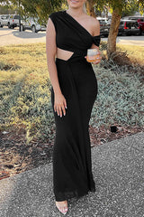 Skew Neck Waist Cutout Ruched Slim Fit Semi Sheer Hem Maxi Dresses - Pink