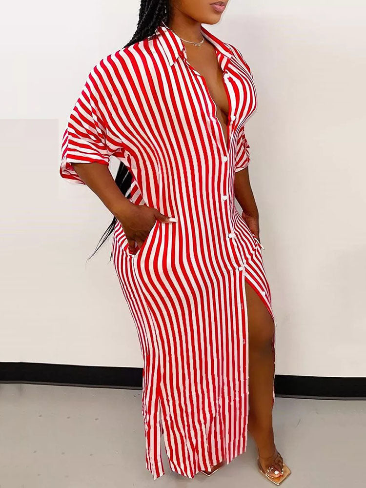 Close-up of a woman wearing a red and white striped maxi dress, showing the button details and side slit.