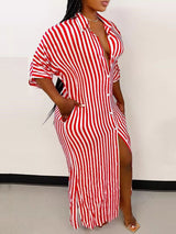 Close-up of a woman wearing a red and white striped maxi dress, showing the button details and side slit.