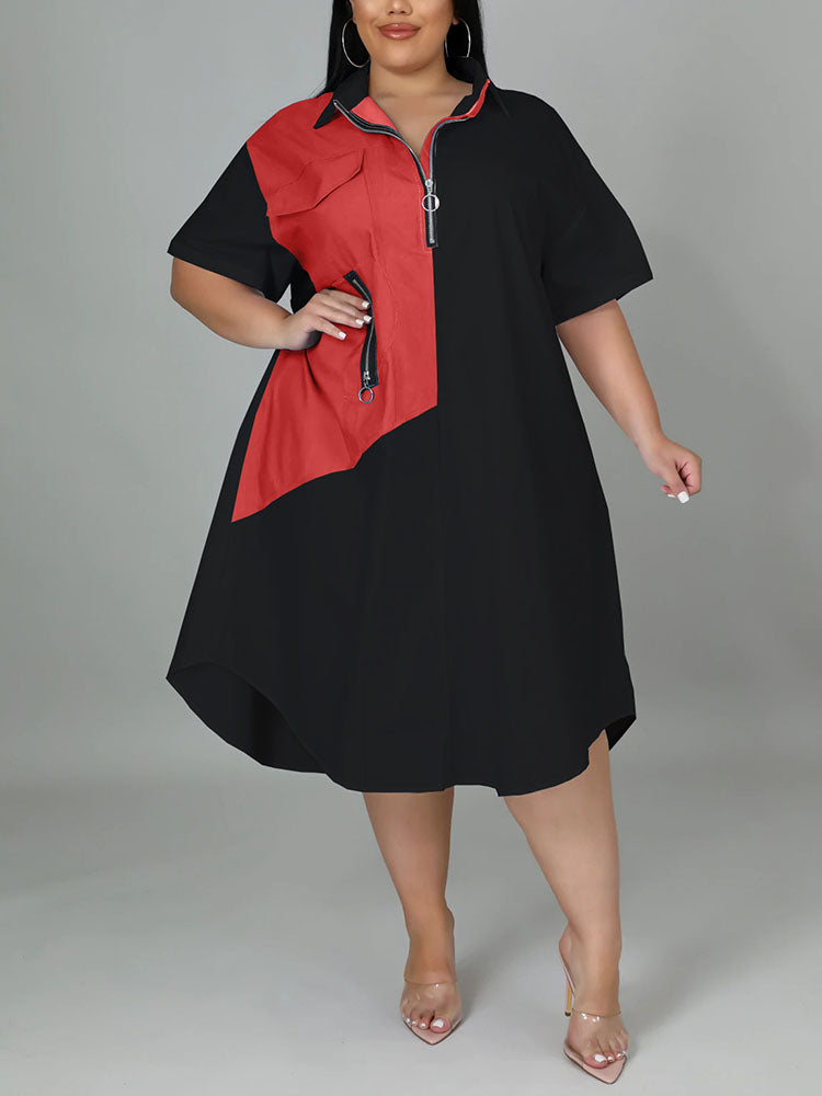 Plus-size black and red color block shirt dress