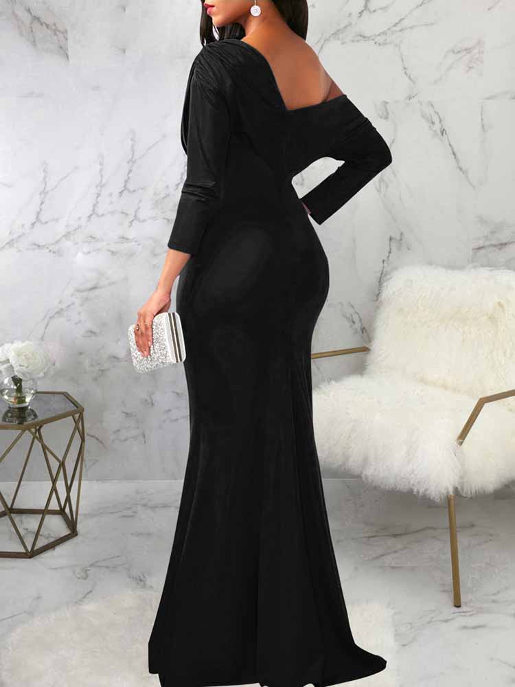 One shoulder elegant party dress with draped bodice and mermaid hem - View 12 | Lwiis