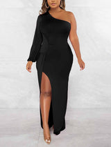 One Shoulder Maxi Dress with Slit - View 5 | Lwiis