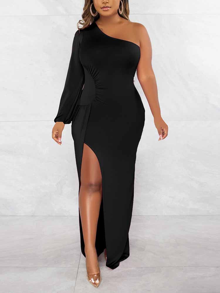 One Shoulder Maxi Dress with Slit - View 5 | Lwiis