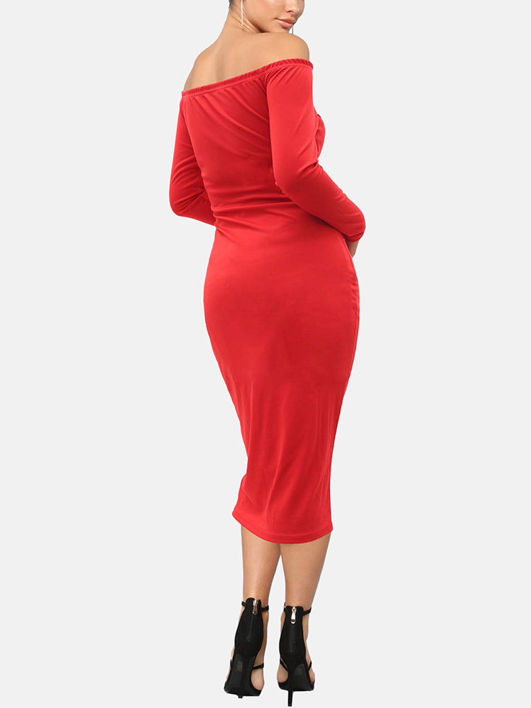 Back view of a woman wearing a red off-the-shoulder midi dress with long sleeves.