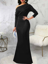 One shoulder elegant party dress with draped bodice and mermaid hem - View 11 | Lwiis