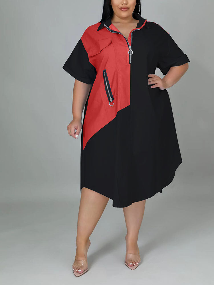 Plus-size black and red asymmetrical hem shirt dress with zipper
