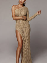 One sleeve maxi dress with belt in white - View 9 | Lwiis