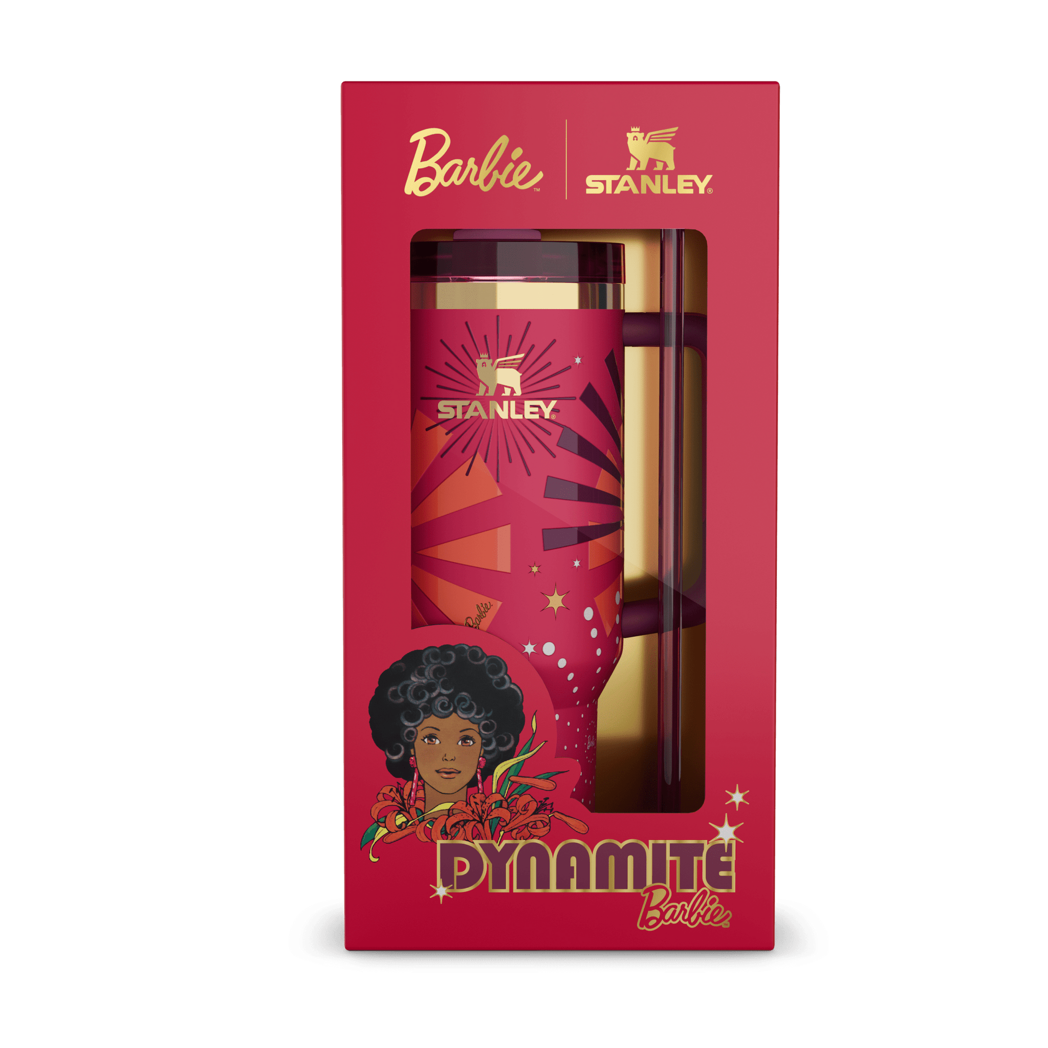 Stanley Barbie Dynamite 40 oz Quencher H2.0 FlowState Tumbler displayed in its gift box