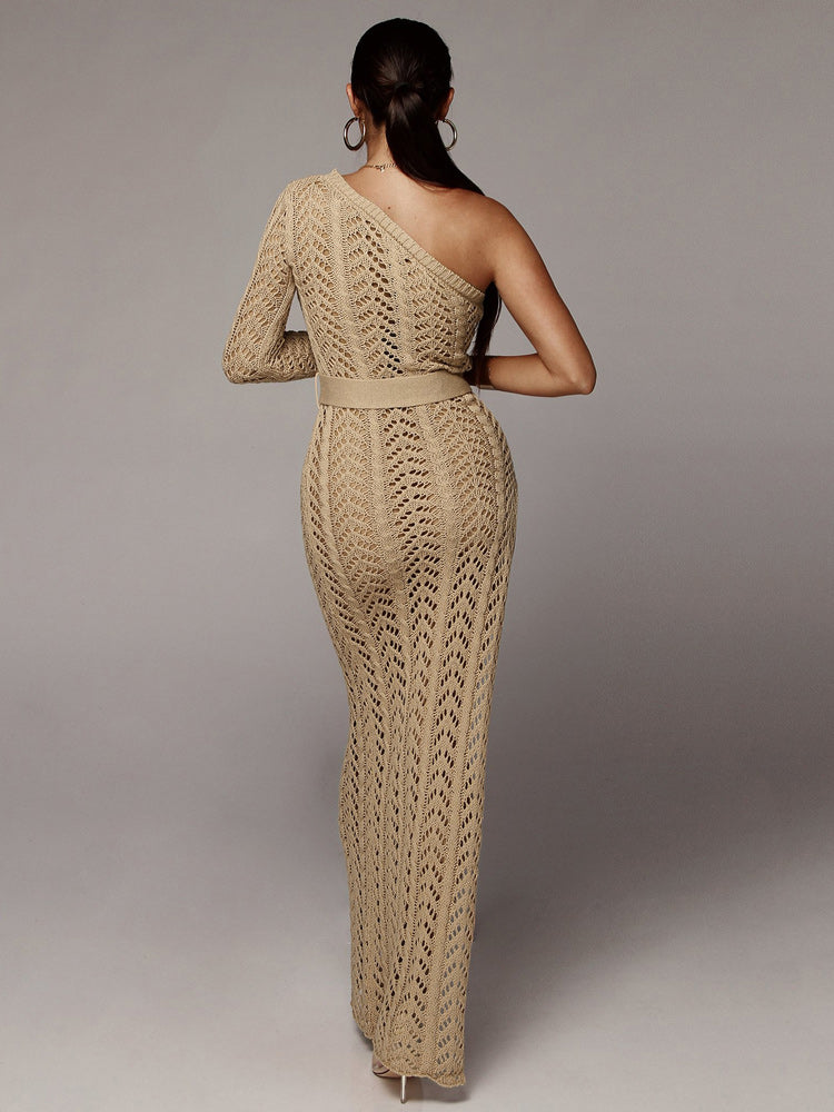 One sleeve maxi dress with belt in white - View 10 | Lwiis