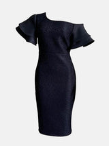 A black one-shoulder midi dress with ruffle sleeves and a rose jacquard pattern, displayed against a white background.