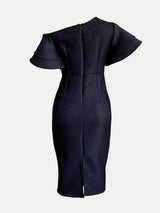 Rose Jacquard Midi Dress with Asymmetrical Neckline - View 6 | Lwiis