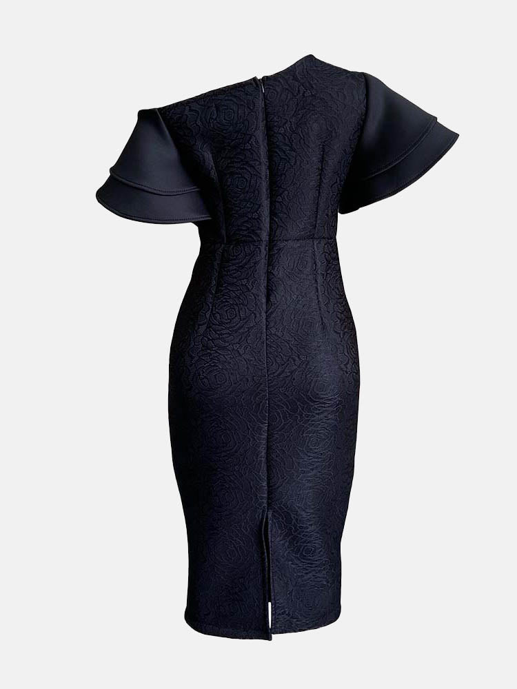 Rose Jacquard Midi Dress with Asymmetrical Neckline - View 6 | Lwiis