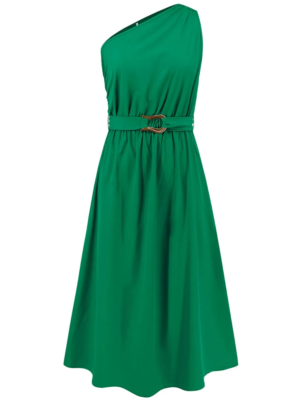 Front view of a green one-shoulder midi dress with a belted waist, displayed on a white background.