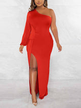 One Shoulder Maxi Dress with Slit - View 8 | Lwiis