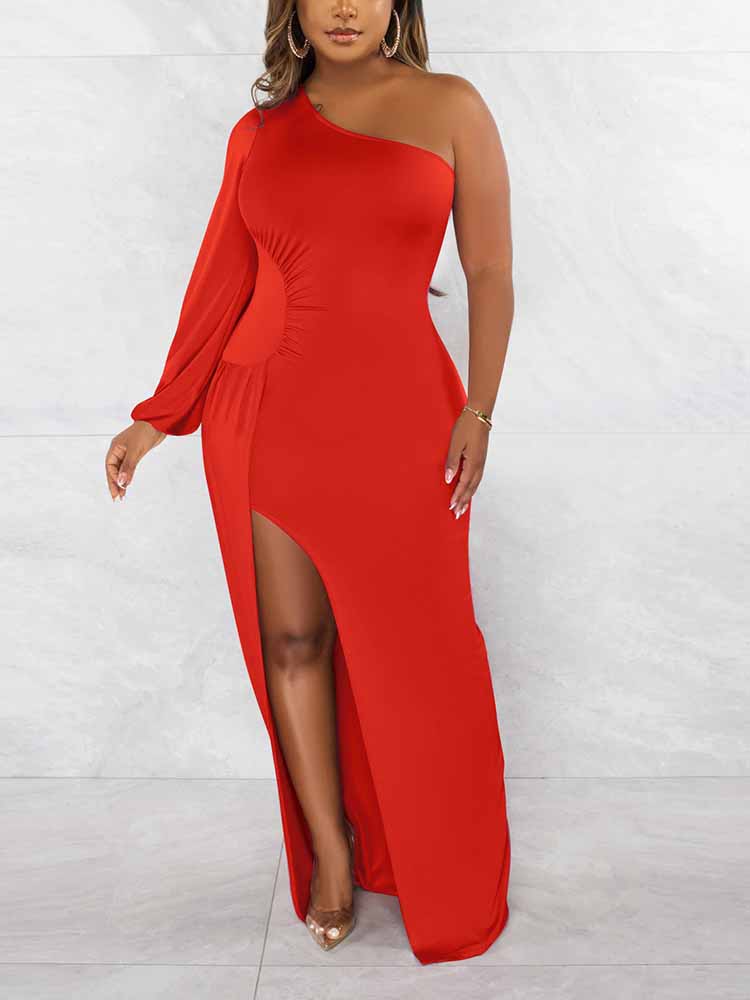 One Shoulder Maxi Dress with Slit - View 7 | Lwiis