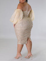 Sequin Midi Dress with Puff Sleeves - View 16 | Lwiis