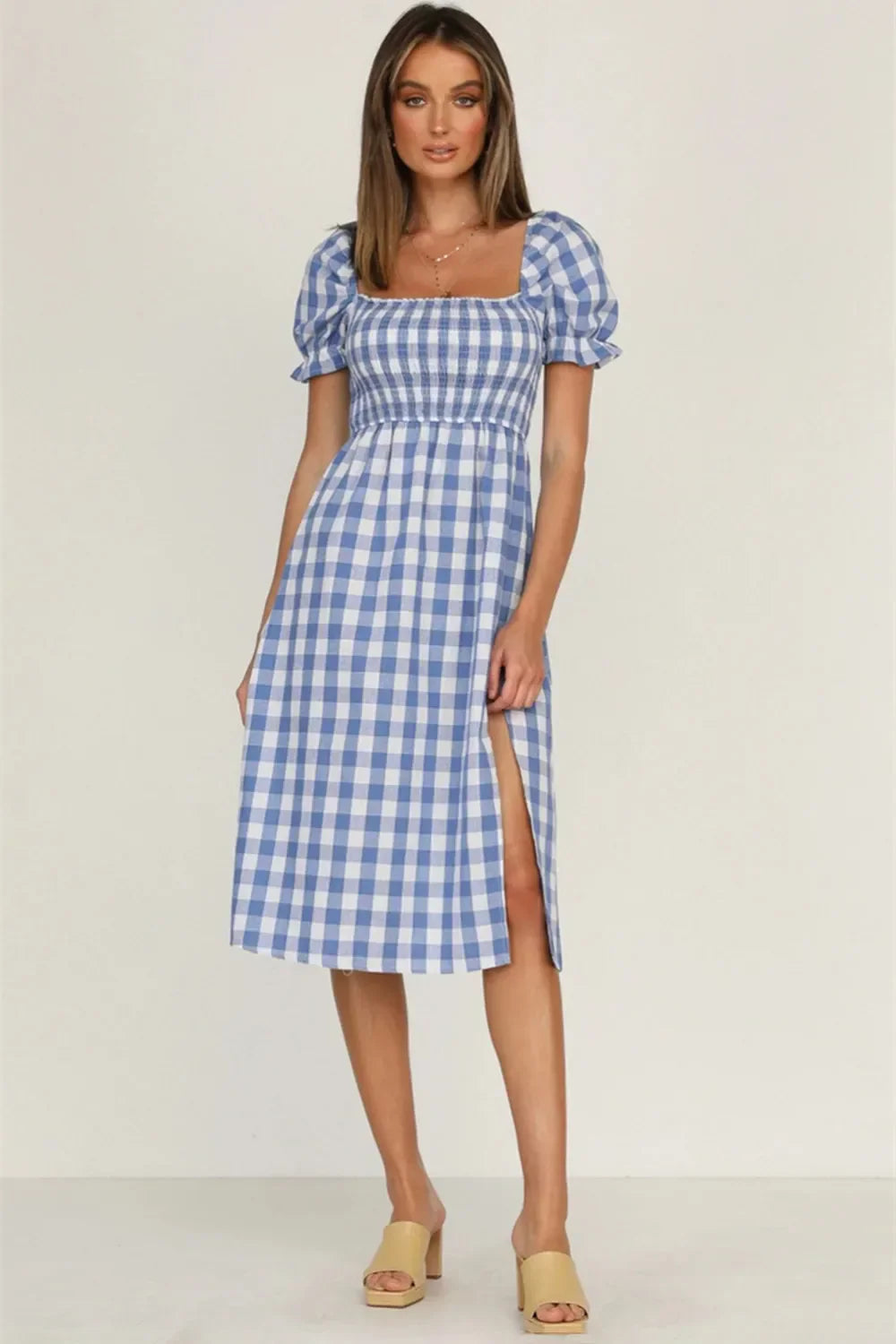 Plaid Midi Dress with Puff Sleeves - View 13 | Lwiis