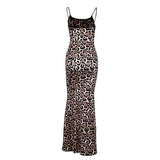 back view of a leopard print maxi dress