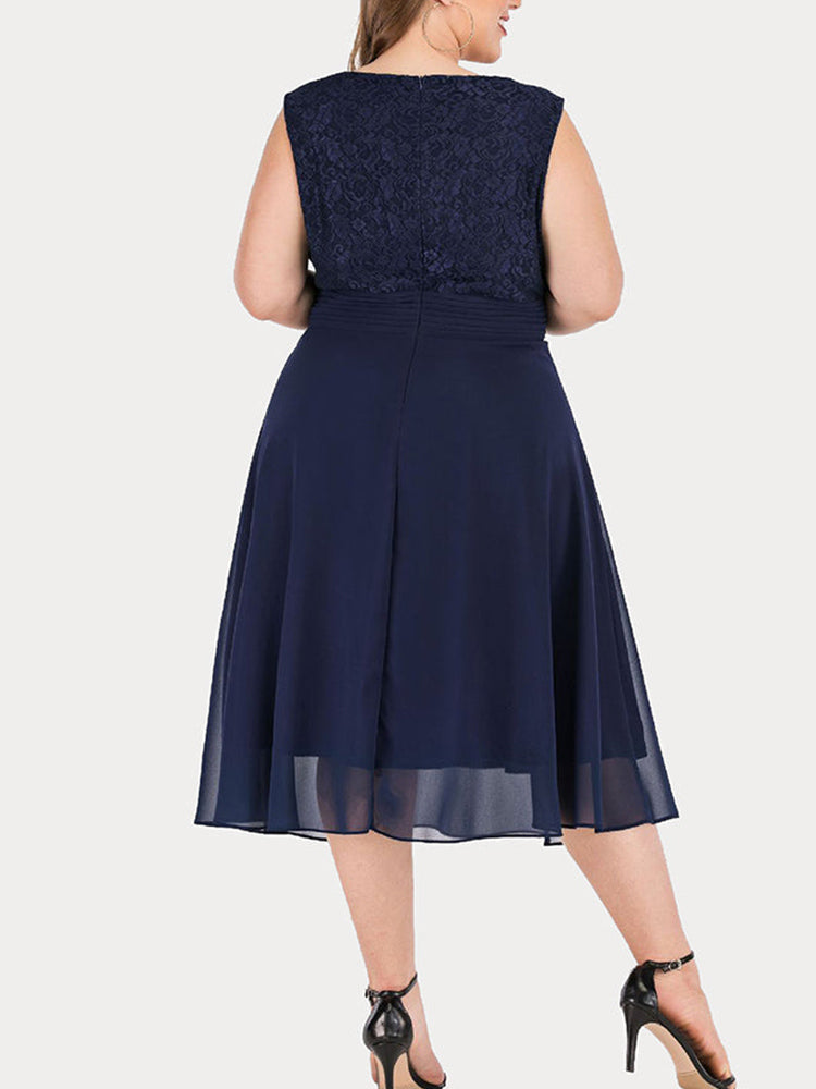Back view of a navy blue lace and chiffon A-line dress with a sleeveless round neckline