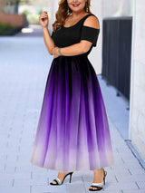 woman posing in a black and purple ombre maxi dress with cold shoulder sleeves