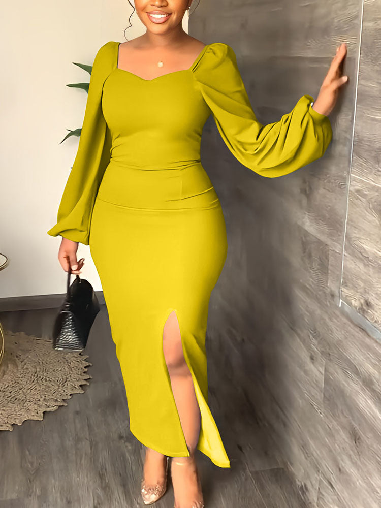Elegant maxi dress with puff sleeves and square neckline in crepe fabric - View 7 | Lwiis