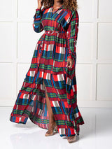 Plaid print long sleeve maxi dress with belted waist - View 6 | Lwiis