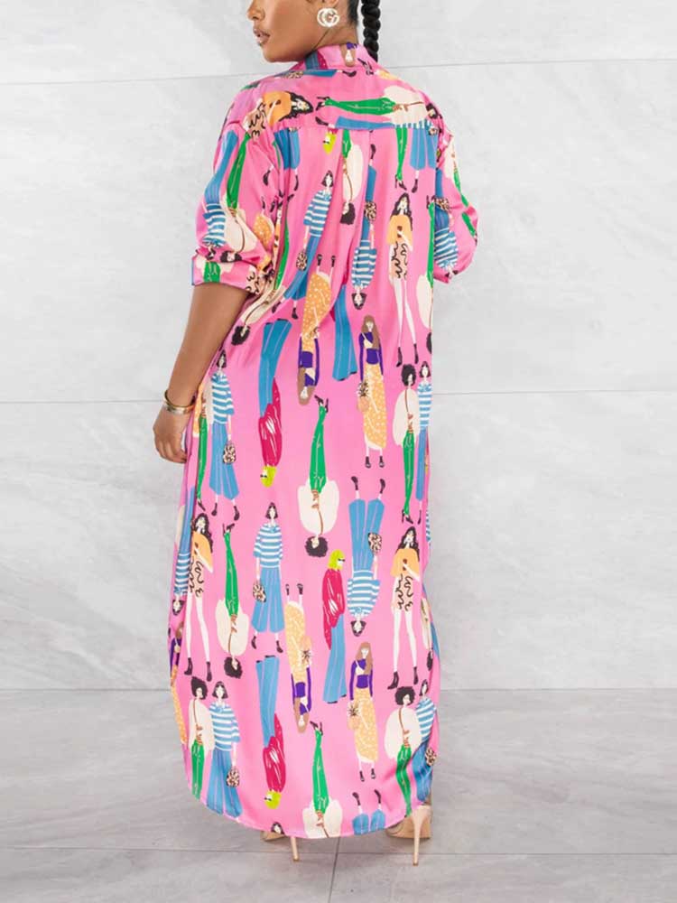 Back view of a woman wearing a long, pink collared shirt dress with a colorful graphic print of people.