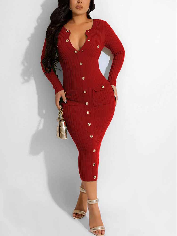Ribbed knit midi dress with button front - View 6 | Lwiis