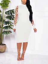 Ribbed mock neck midi dress with puff sleeves - View 7 | Lwiis