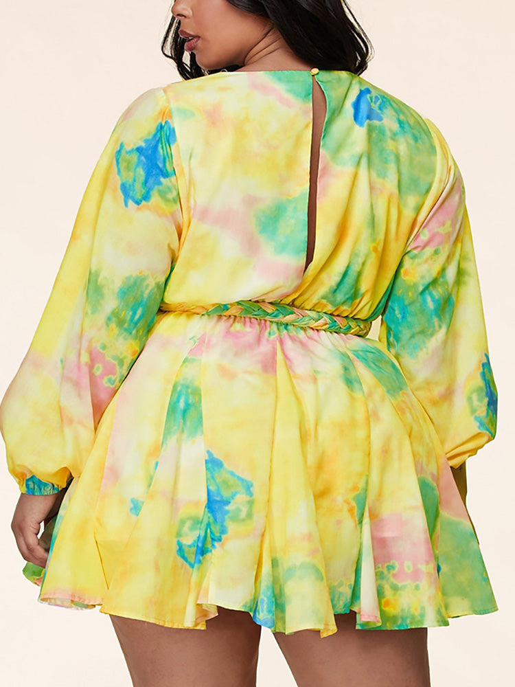 Tie dye V neck mini dress with belt - View 6 | Lwiis