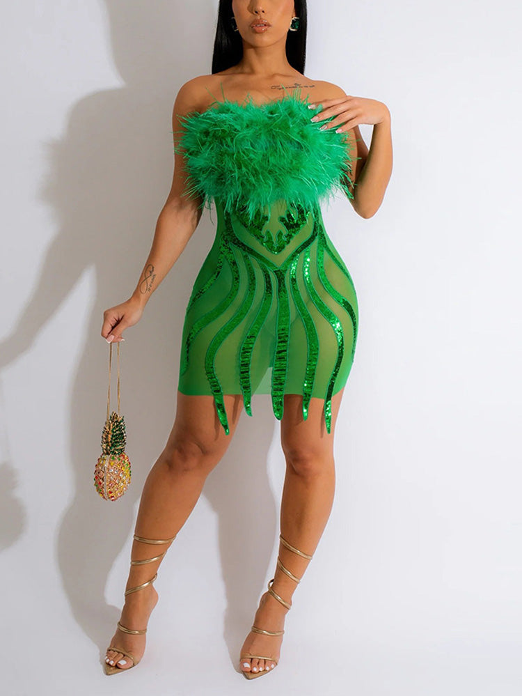 Feather Sequin Mesh Wrap Dress - View 7 | Lwiis