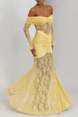 Off Shoulder Lace Patchwork Ruched Maxi Dress - View 9 | Lwiis