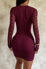 Woman wearing a burgundy lace bodycon dress with long sleeves and a deep V-neckline, back view.