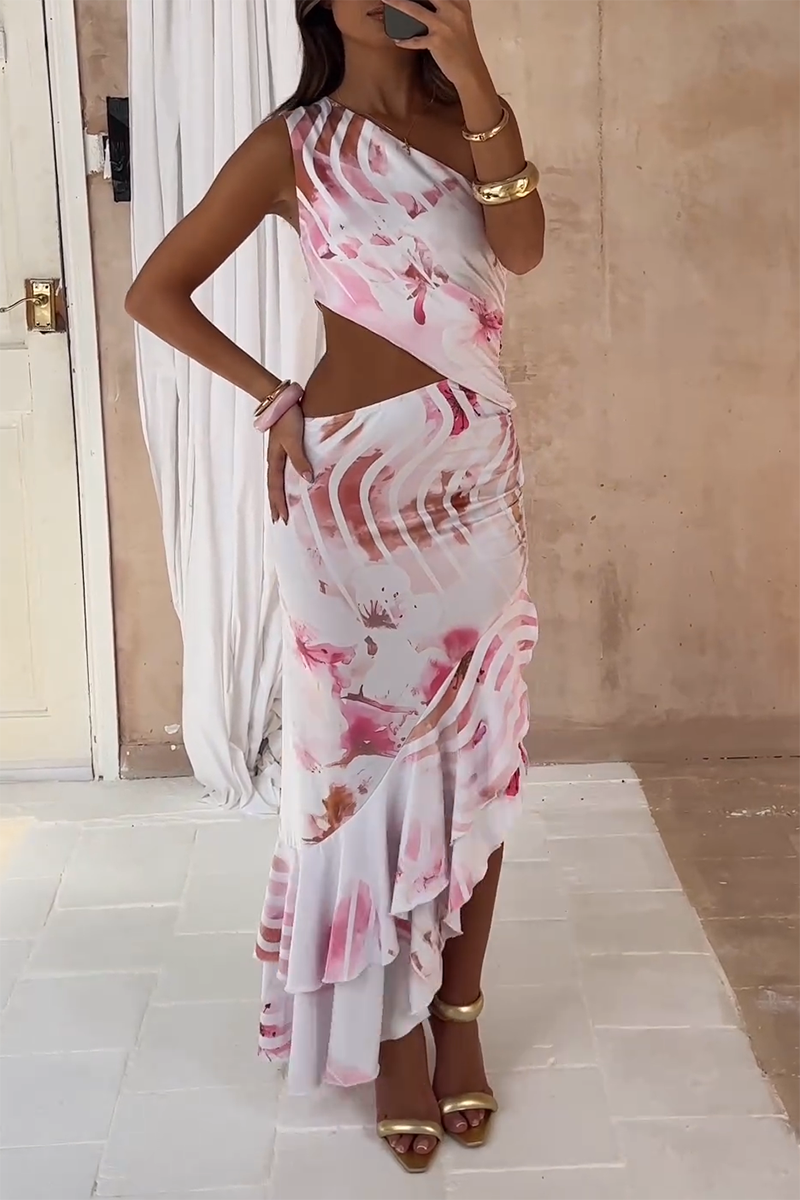 Floral print one-shoulder maxi dress with asymmetrical neckline and ruffled hem - View 6 | Lwiis
