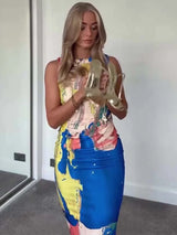 woman wearing abstract print midi dress