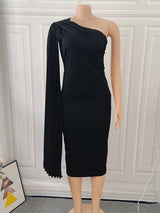 Black one-shoulder dress with a pleated sleeve displayed on a mannequin, front view