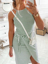 Striped halter neck midi dress - View 6 | Lwiis