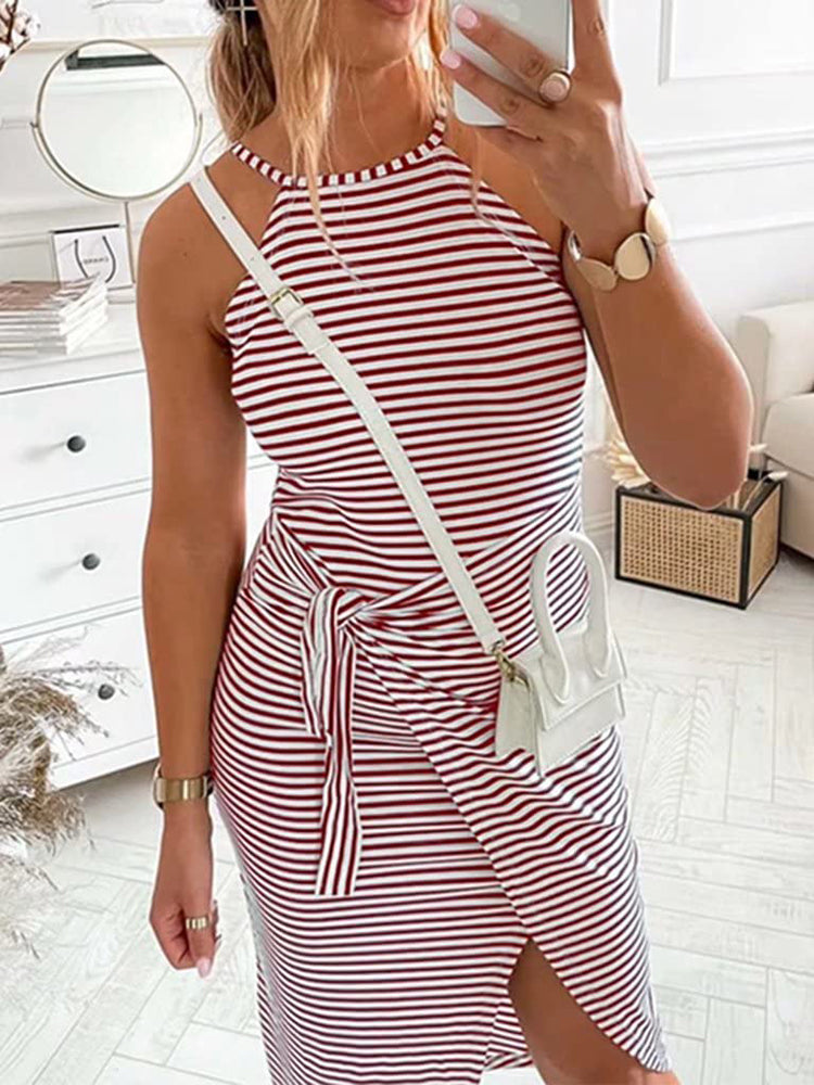 Striped halter neck midi dress - View 9 | Lwiis