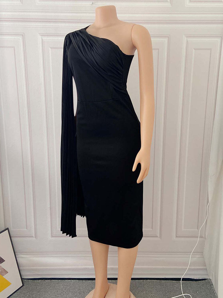 Black one-shoulder dress with a pleated sleeve displayed on a mannequin, side view