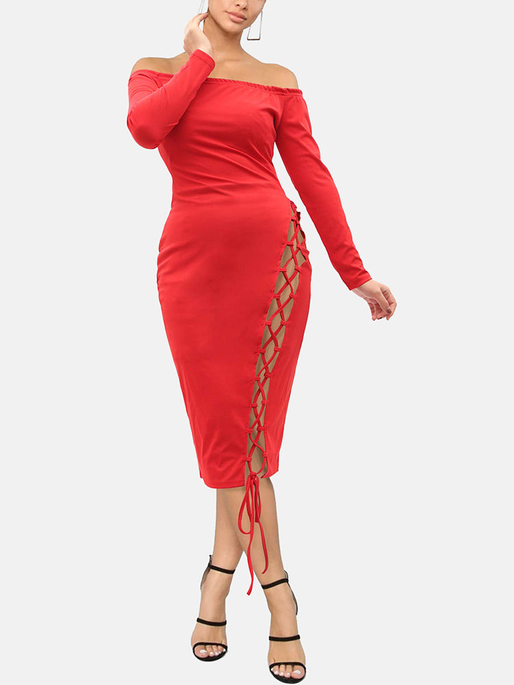 Woman wearing a red off-the-shoulder midi dress with long sleeves and lace-up detailing on the side.