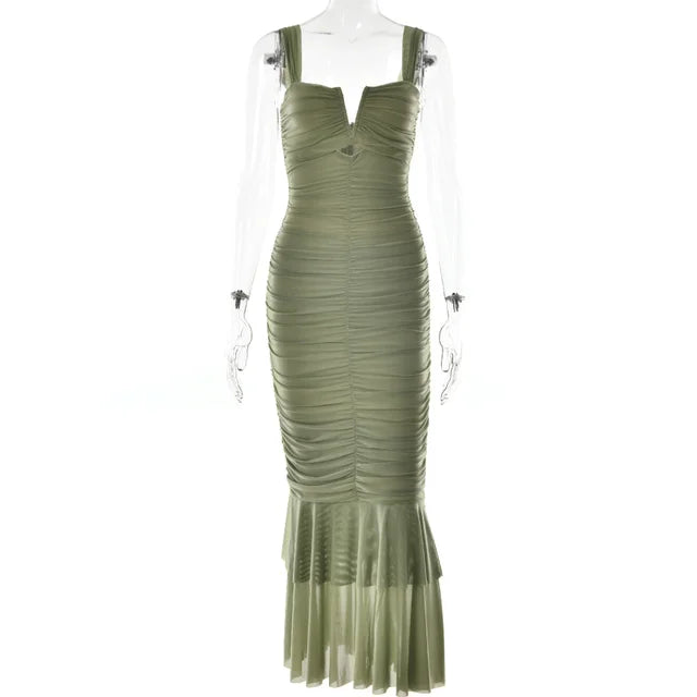 Mermaid Ruched Mesh Maxi Dress - View 10 | Lwiis