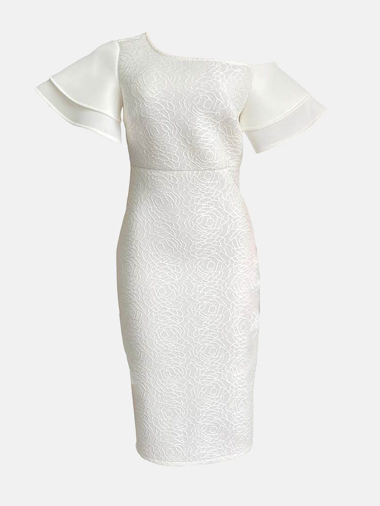Rose Jacquard Midi Dress with Asymmetrical Neckline - View 10 | Lwiis