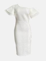 Rose Jacquard Midi Dress with Asymmetrical Neckline - View 10 | Lwiis