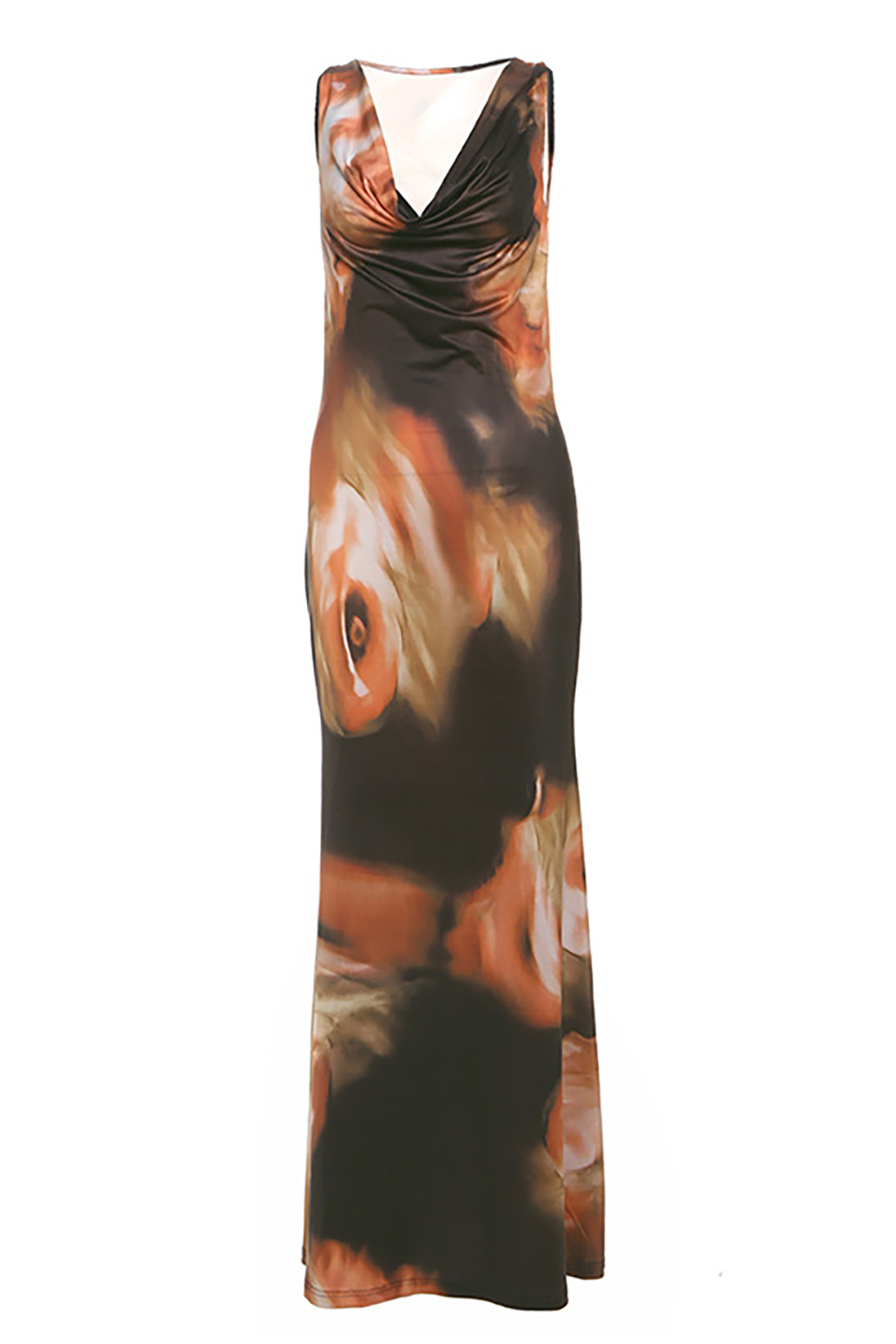 A sleeveless, floor-length dress with a cowl neckline and an abstract brown, orange, and white print, laid flat against a white background.