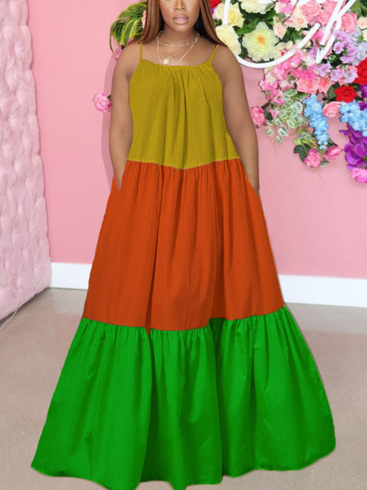 Color block casual A-line maxi dress with spaghetti straps - View 12 | Lwiis