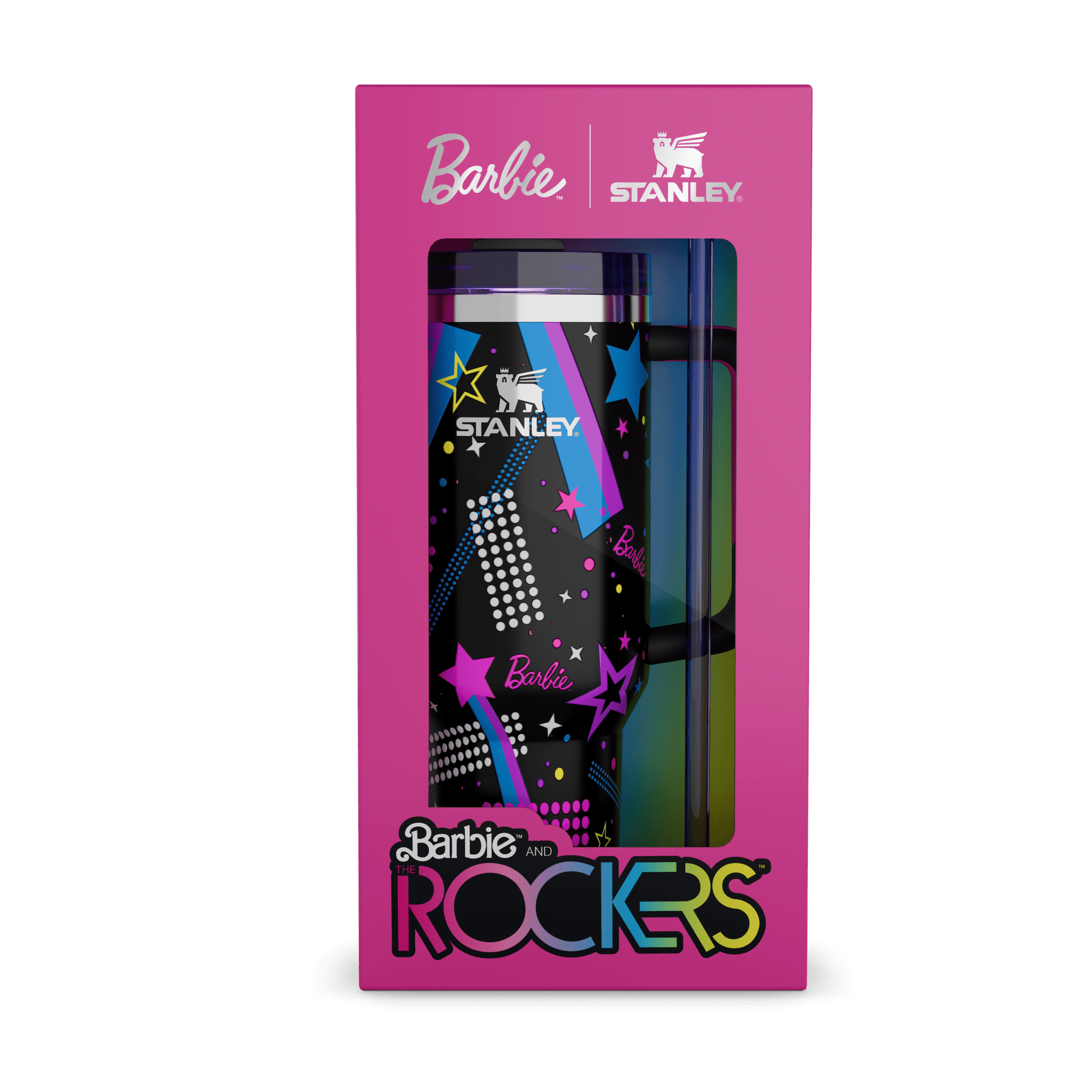 Close-up of the Stanley Barbie and the Rockers tumbler, highlighting the 'Stanley' logo and the vibrant graphic details.