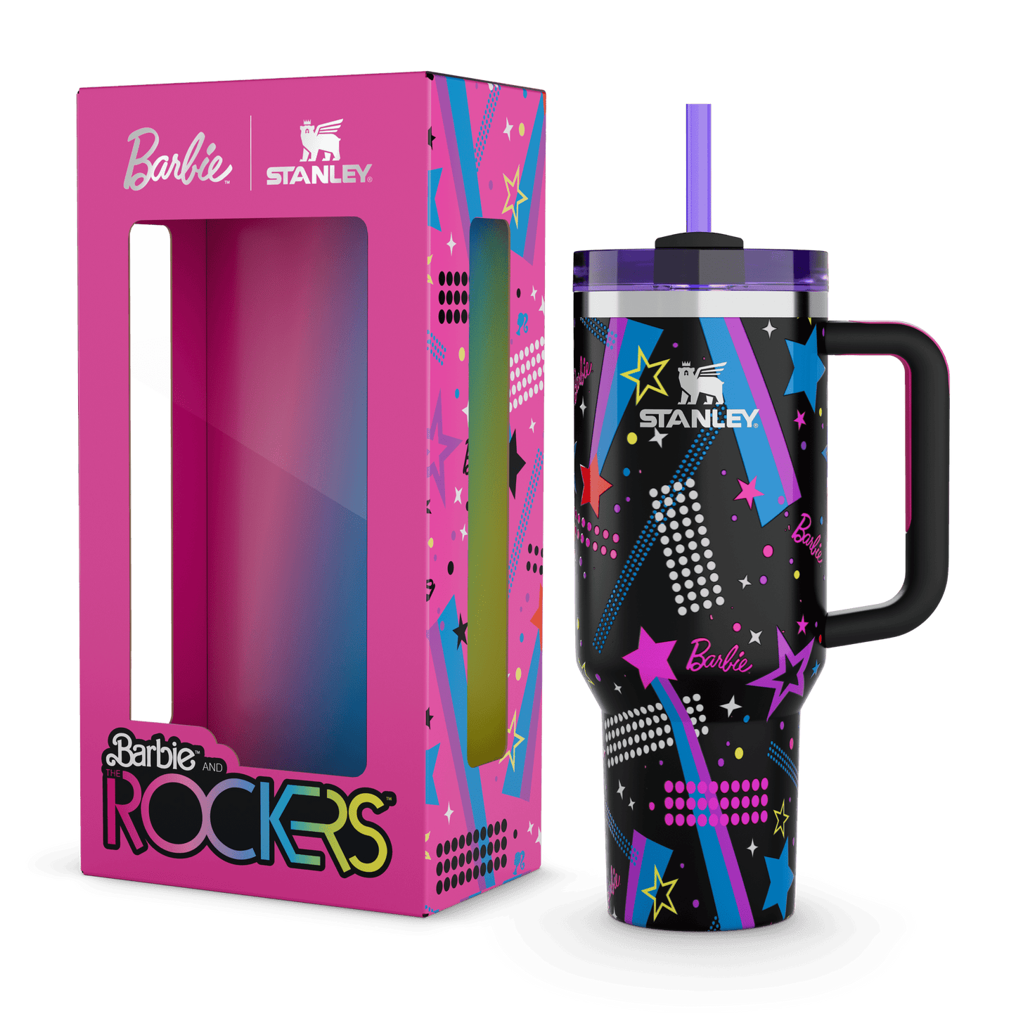 Stanley Barbie and the Rockers tumbler and its pink packaging box, showcasing the retro 80s inspired design.