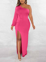 One Shoulder Ruched Split Maxi Dress - View 7 | Lwiis